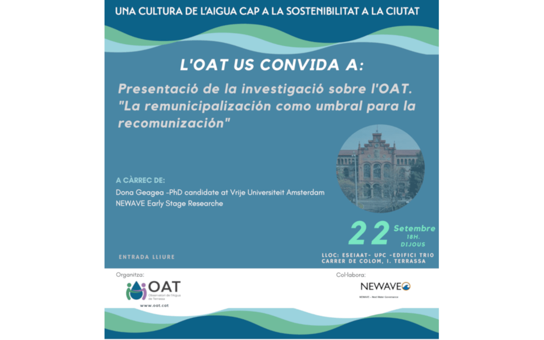 Conferència i debat sobre un estudi europeu sobre l’Observatori de l’Aigua, el proper 22 de setembre a  la UPC.