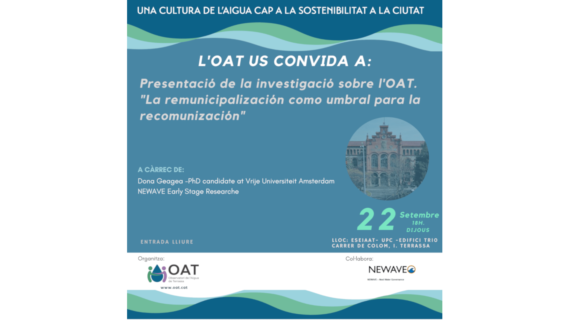 Conferència i debat sobre un estudi europeu sobre l’Observatori de l’Aigua, el proper 22 de setembre a la UPC.
